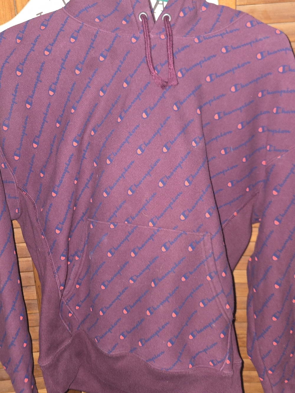 Champion Burgundy AoP Hoodie with Navy &‎ Pink Logo Print